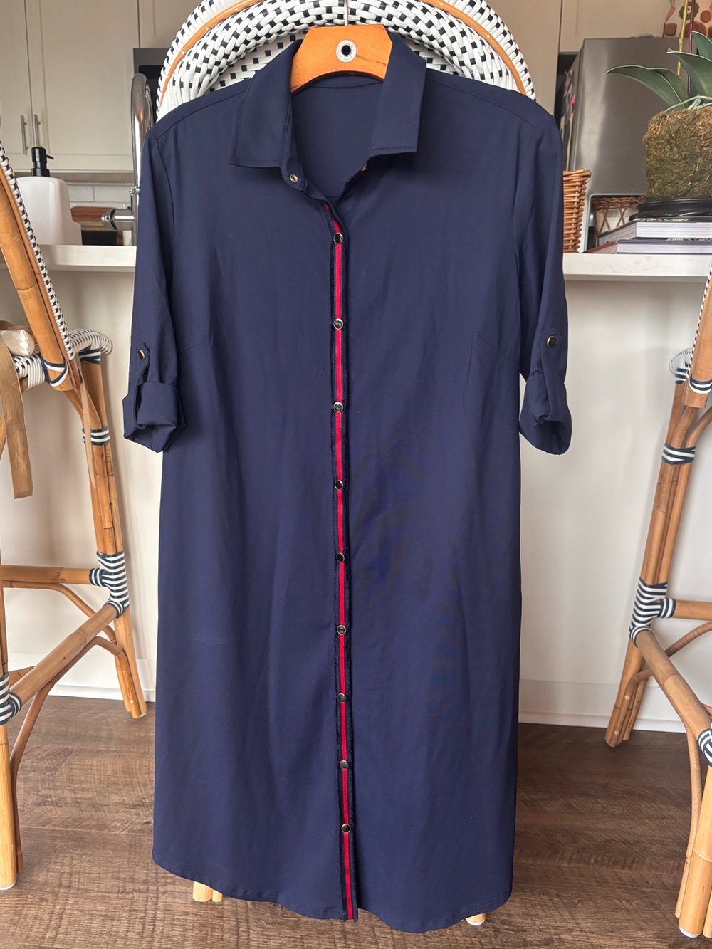 J McLaughlin Navy Shirt Dress with red trim.